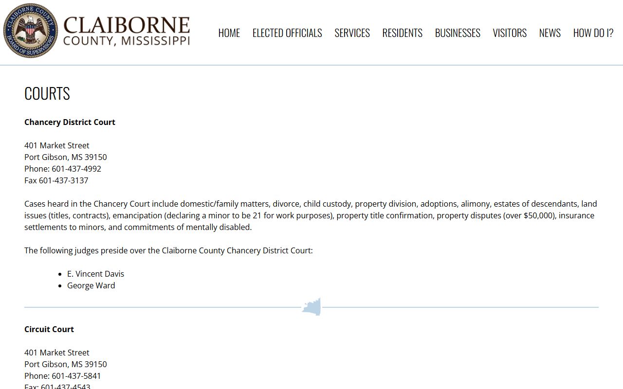 Claiborne County courts page showing local court offices and jail court information