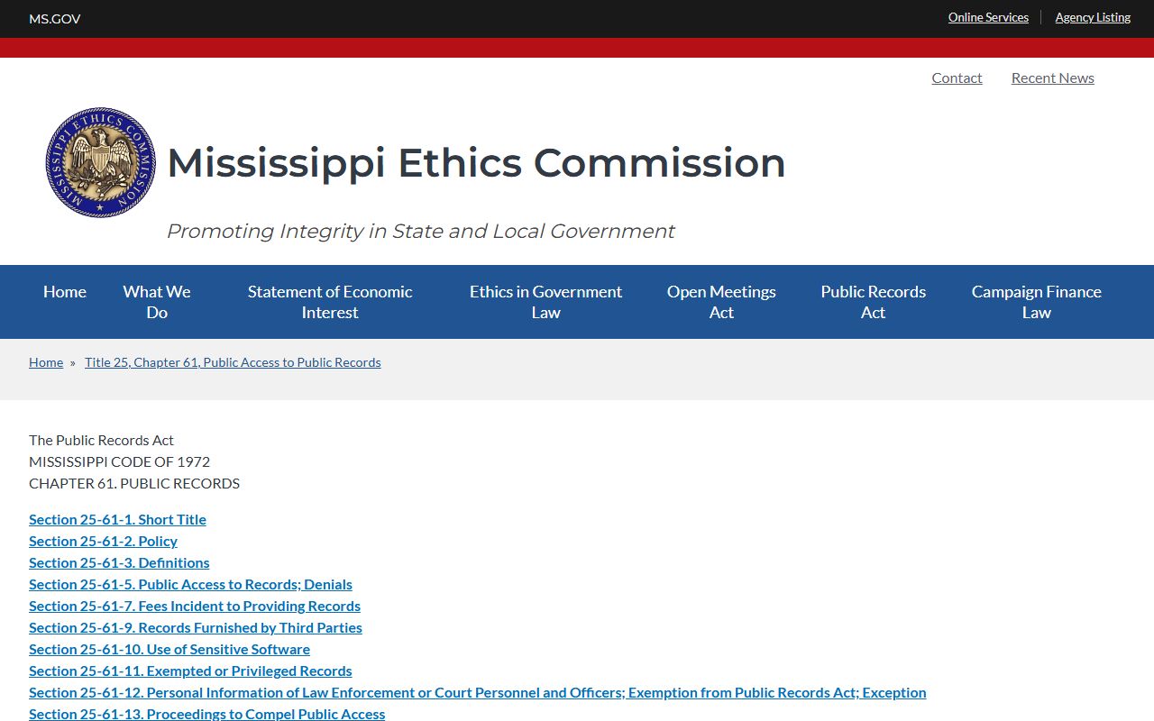 Mississippi Public Records Act information page from the Mississippi Ethics Commission